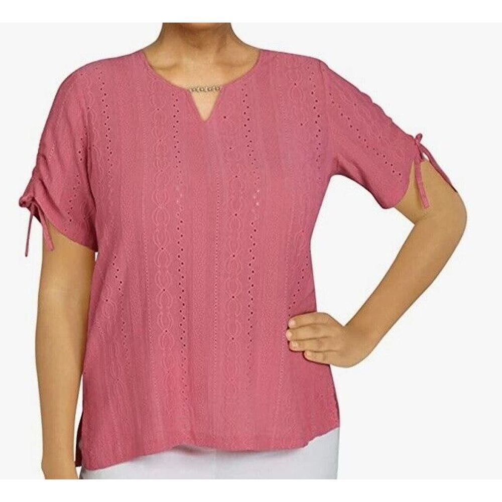 Alfred Dunner CLASSICS Flamingo Eyelet Knit Top woman's shirts Size‎ S New